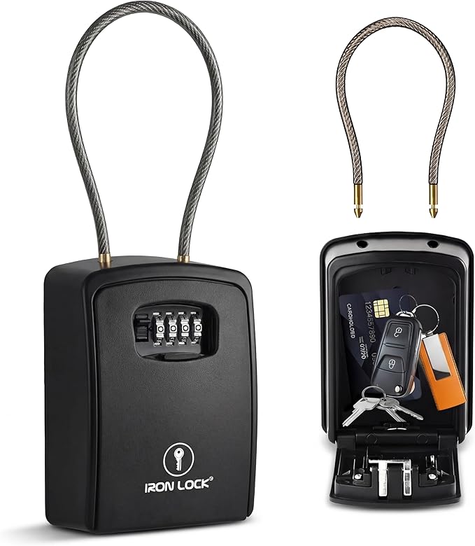 Iron Lock® Key Lock Box Portable with Cable Shackle & Wall Mount – Waterproof Heavy Duty Metal Lock Box for Keys with 4-Digit Combination Code on Door Knob, Fence, Pipe or Gate (Black, XXL)