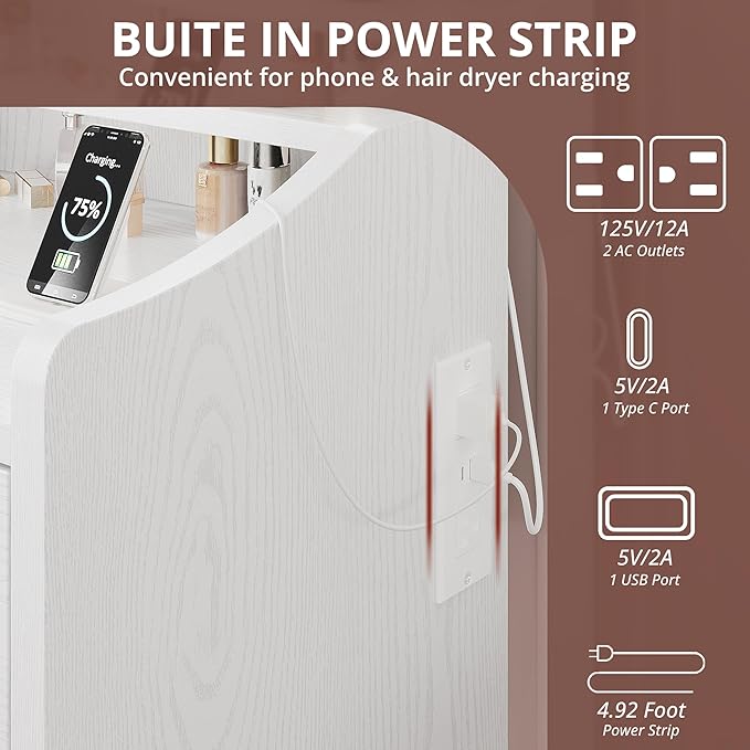 LIKIMIO Small Makeup Vanity Desk with Mirror and Lights, Vanity Table Set with Storage Stool, Makeup Drawer Organizer, Power Outlet, 3 Color Modes Adjustable Bulb, White Vanity for Bedroom