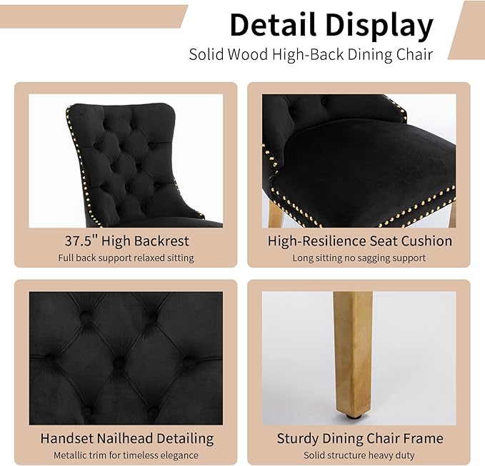 Luxury Upholstered Dining Chairs Set of 4, Black Kitchen Chair with Golden Metal Legs, Velvet Tufted Back Dining Chair, Sillas de Comedor, Modern Kitchen & Dining Room Chairs (Black, 4 Pcs)