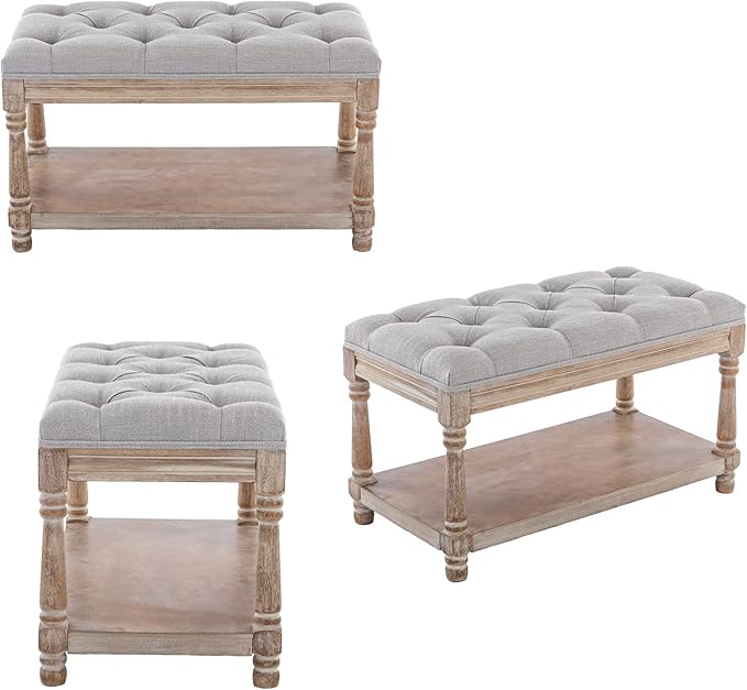 DUOMAY Farmhouse Tufted Storage Ottoman Bench with Shelf, 31.5" Width Linen Upholstered Entryway Shoe Ottoman Foot Stool for Bedroom Living Room Dining Room, Grey