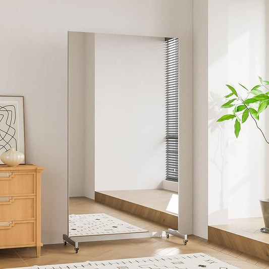 brisafe Home Gym Mirror 360° Swivel on Wheels, 75" X 36" Extra Large Full Body Rolling for Yoga, Nano Film Super Lightweight Unbreakable Full Length Mirror（White）