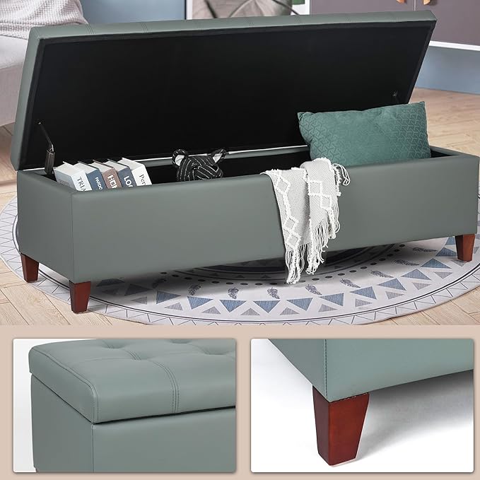 Joveco 51 Inch Storage Ottoman Bench,Tufted Leather Storage Bench for Bedroom (51”,Gray Green)