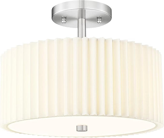 Semi Flush Mount Ceiling Light, 3-Light 12.5" Ceiling Light Fixture with White Pleated Fabric Shade, Brushed Nickel Drum Lamp for Nursery Hallway Bedroom Kitchen, AD-25036-3SF-SN