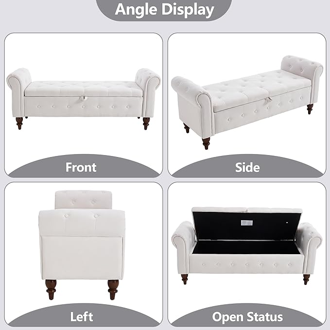 GNIXUU 63" End of Bed Storage Bench for Bedroom, Upholstered Ottoman Seat with Storage for Living Room, Window, Entryway, Beige White Velvet