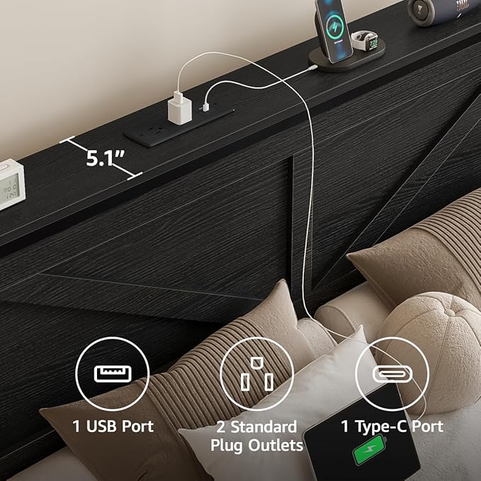 Rustic Queen Bed Frame with Storage Drawers and Barn Door Headboard, Farmhouse LED Bed Frame Queen Size with Charging Station, Metal Industrial Platform Bed Frames, No Box Spring Needed, Black