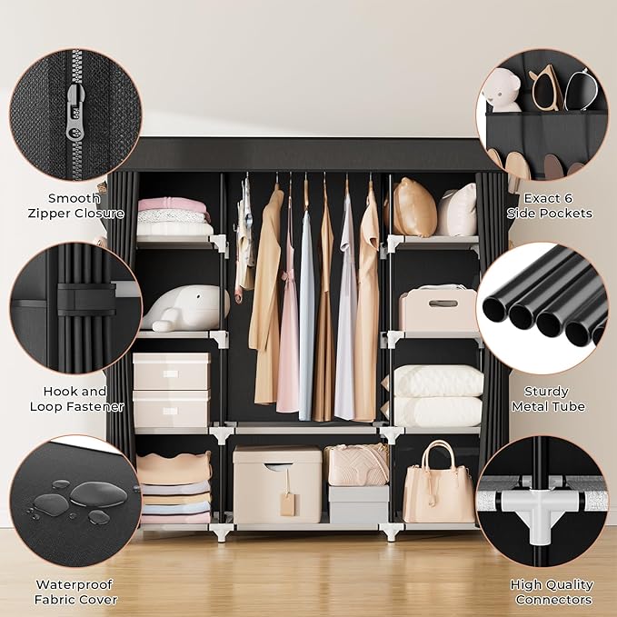 VTRIN Portable Closet Wardrobe for Hanging Clothes 57.3 Inch Large Capacity Clothes Rack with Cover, 10 Storage Organizer Shelves, 1 Hanging Rods and 6 Pockets, Free Standing Closet for Bedroom, Black