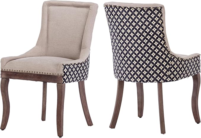 Farmhouse Dining Chairs Set of 2, Upholstered Fabric Dining Room Accent Chairs with Wood Legs & Bronze Nailhead, High Wingback Kitchen Chairs for Living Room Hotel Apartment, Beige Patterned