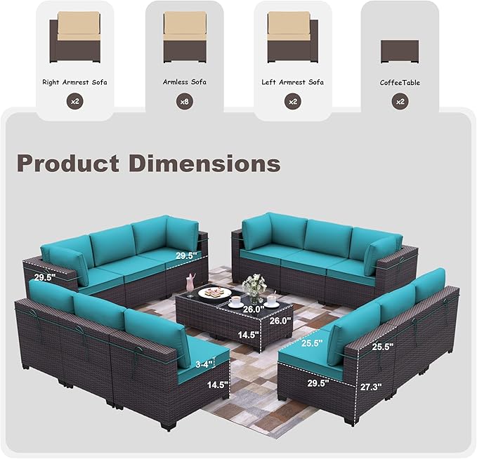 Kurapika 14 Pieces Patio Furniture Set, Rattan Wicker Outdoor Conversation Sets w/4 Inch Cushion and Glass Coffee Table(Blue)