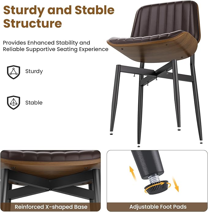 Dining Chairs Set of 2, Mid Century Modern Dining Room Kitchen Chairs, Upholstered PU Leather Vertical Stripe Chairs for Vanity with Walnut Bentwood and Metal Legs, Brown