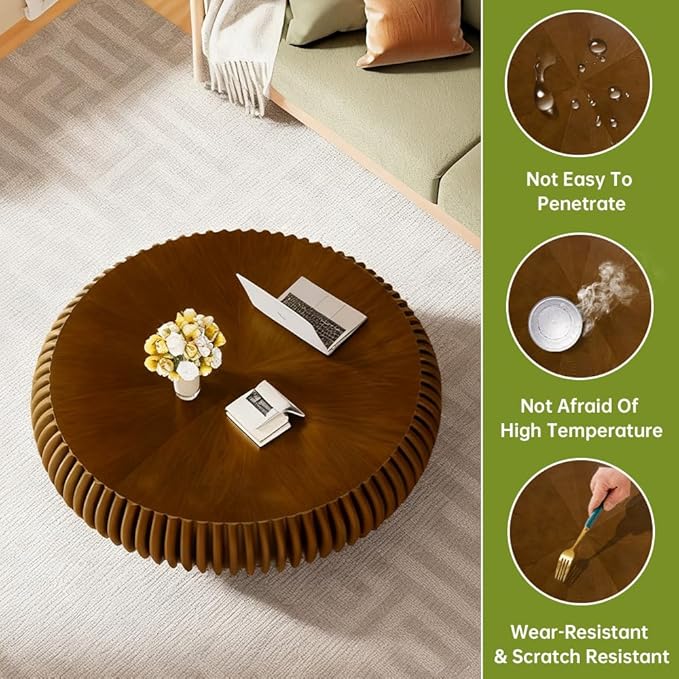 Brown Round Coffee Table for Living Room Round Fluted Drum Coffee Table Modern Walnut Fluted Coffee Tables for Living Room (Walnut, 39.3 inch)