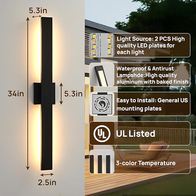 Upgraded 34in Black Long Modern LED Outdoor Wall Lights 3000K 4000K 5000K Dimmable Exterior Wall Sconce Outside Light fixtures for House Garage Front Door