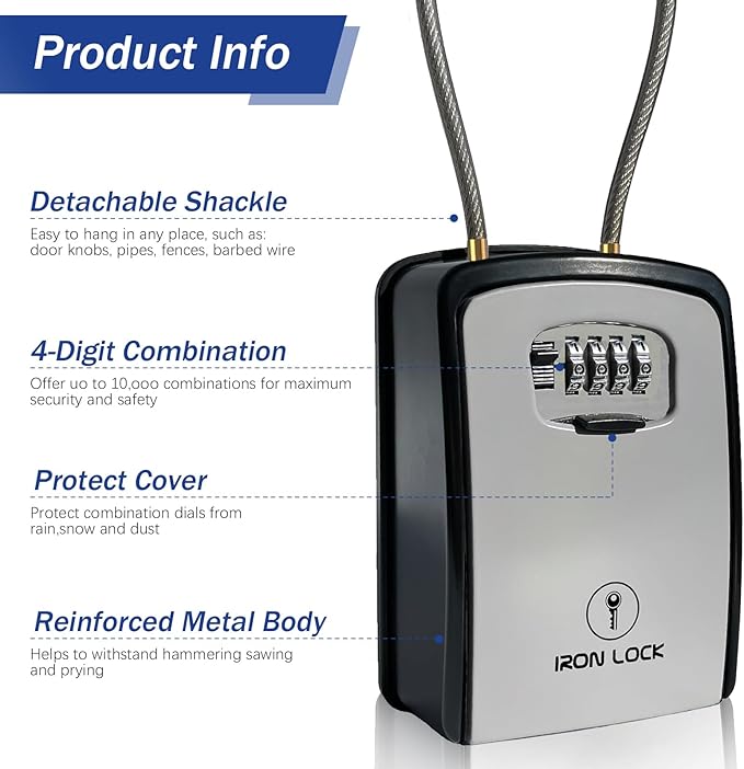 Iron Lock® Key Lock Box Portable with Cable Shackle & Wall Mount – Waterproof Heavy Duty Metal Lock Box for Keys with 4-Digit Combination Code on Door Knob, Fence, Pipe or Gate (Grey, XXL)