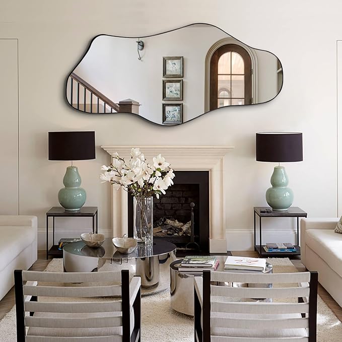 Irregular Mirror Full Length, 63"x29" Large Asymmetrical Wall Mirror for Dressing, Modern Black Metal Frame Abstract Wall Mirrors for Living Room Bathroom Bedroom Hallway Entryway