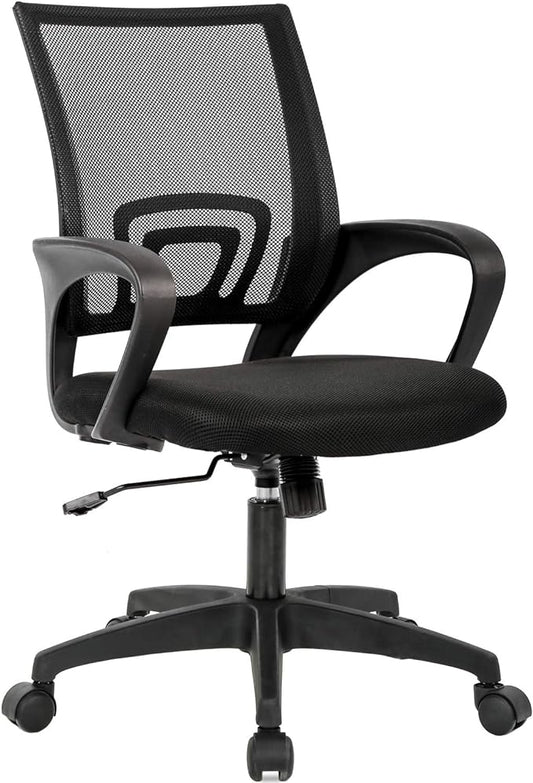 BestOffice | Ergonomic Office Chair | Mid-Back Swivel Desk Chair | Breathable Backrest & Lumbar Support | Adjustable Height | Sponge Seat | Rolling Wheels | Black | for Adults & Women