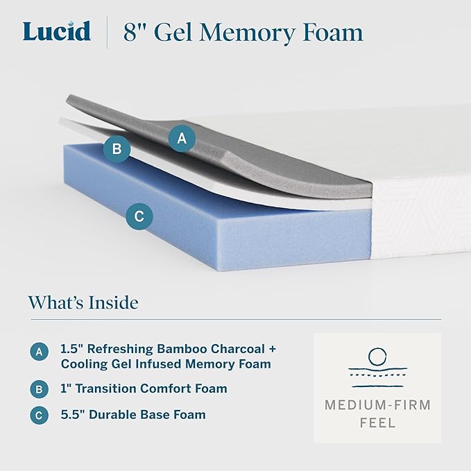Lucid 8 Inch Memory Foam Mattress - Medium Firm Feel - Infused with Refreshing Bamboo Charcoal and Cooling Gel - Bed in a Box - Temperature Regulating - Pressure Relief - Breathable - Twin XL Size