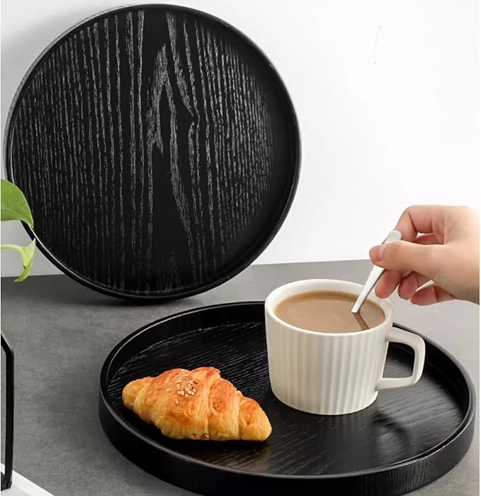Round Wood Serving Tray, Solid Wooden Decorative Tray Non-Slip Tea Coffee Table Tray Snack Plate Food Meals Serving Tray with Raised Edges for Home Decor Kitchen Restaurant (9.5inch, Black)