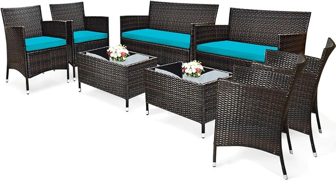 Tangkula 8 Pieces Patio Rattan Conversation Set with Tempered Glass Coffee Table & Thick Cushion, Wicker Set for Garden, Lawn, Poolside and Backyard
