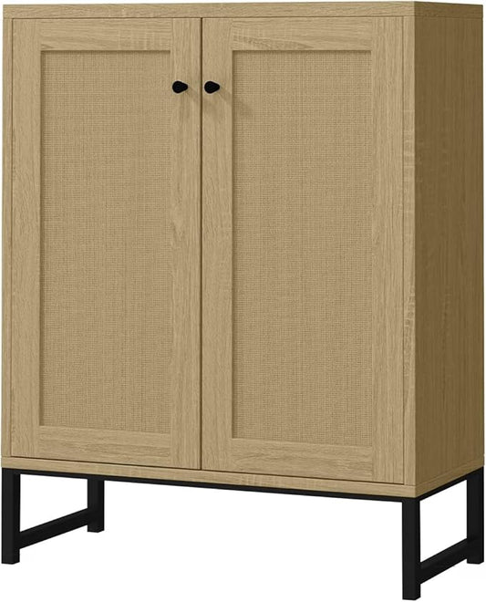 Panana Rattan Decorated 2 Doors Storage Cabinet Accent Cabinet Living Room Cupboard Kitchen Sideboard Buffet Table (Natural)