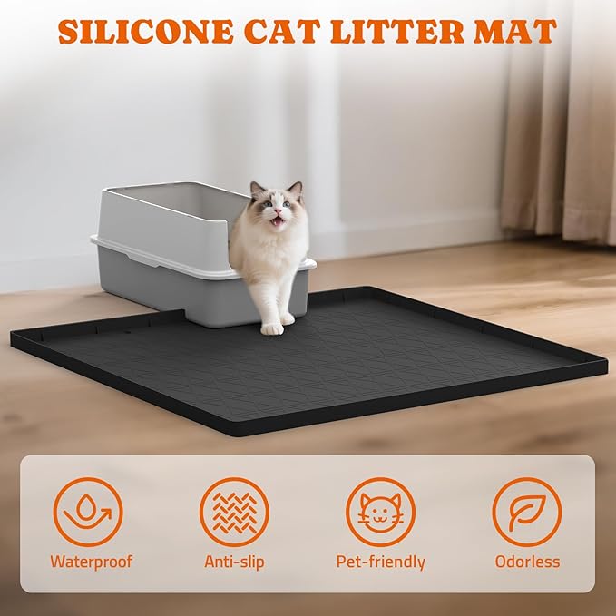 Pawtners Extra Large 2 Packs Silicone Cat Litter Mats, 34" x 22" Waterproof Litter Box Mat, Non-Slip Kitty Litter Mat for Scatter Control, Easy to Clean & Urine-Proof Cat Litter Trapping Mat, Black