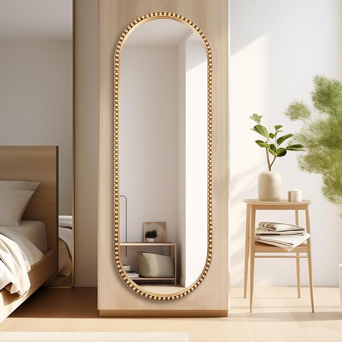 Oval Full Length Mirror, 20"x53" Metal Beaded Frame Large Hanging Dressing Floor Mirror for Bedroom, Living Room, Entryway, Antique Gold (No Stand)