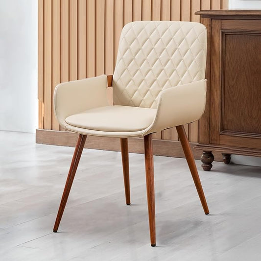 LUNLING Mid Century Modern Faux Leather Dining Room Chairs,Upholstered Seat Metal Legs Chairs Cream White Faux Leather Kitchen Chair Reception Room Chair,1PCS