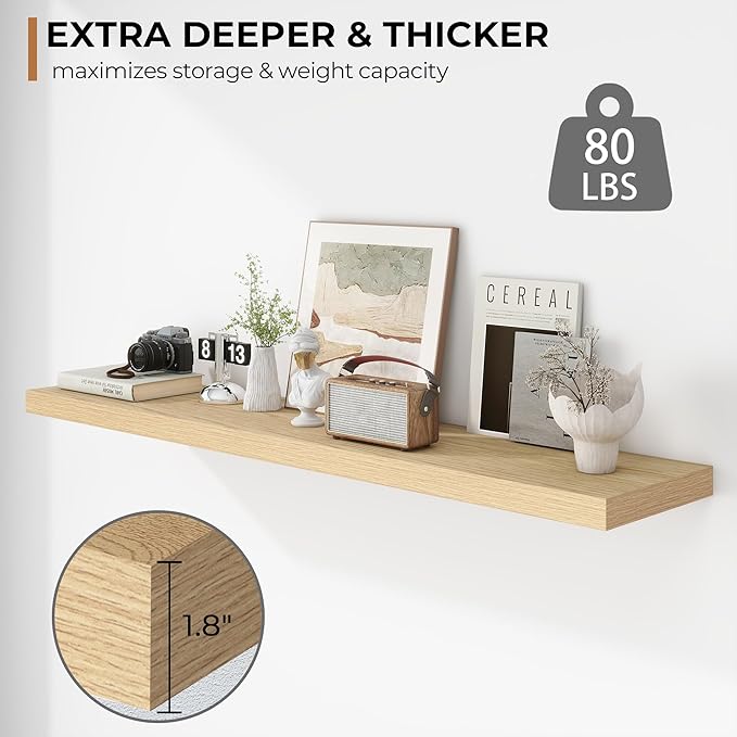 Fun Memories Floating Shelves - 12 Inch Rustic Wooden Wall Shelves - Extra Deeper & Thicker Wall Mounted Storage Shelf for Living Room, Kitchen, Farmhouse - 55" W x 12" D x 1.8" H - Oak