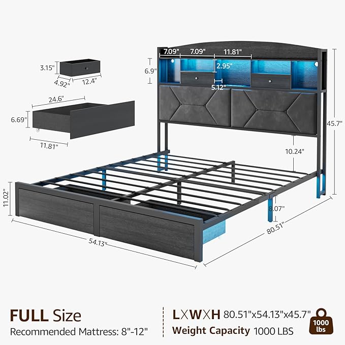 Full Size Black Bed Frame with 4 Storage, Upholstered Velvet Platform Bed Frames with Button Tufted Headboard Led Lights, Wooden Slats Support, No Box Spring Needed, Black