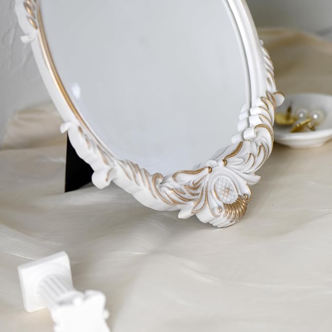 Vintage Vanity Makeup Mirror,Decorative Baroque Table Standing Mirror (White)