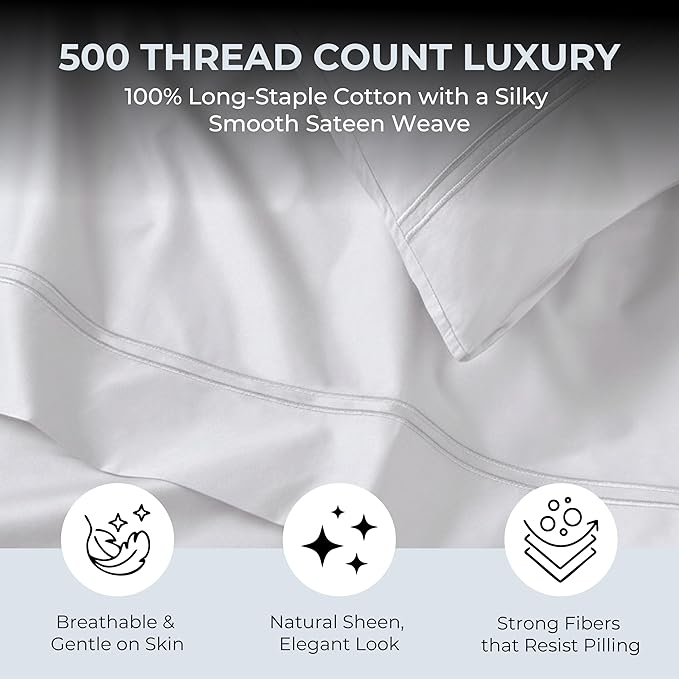 100% Natural Cotton Sheets Queen Size Bed Set | 500 TC Single-Ply Sateen Weave | Soft, Breathable, Hypoallergenic Solid 4-Piece Bedding with Deep Pocket Fitted, Flat, Pillowcase | White