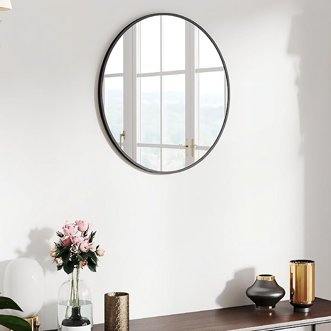 20" Round Mirror Circle Wall Mounted Hanging or Against Wall Metal Frame Dressing Make-up Mirrors for Entryway Bedroom Bathroom Living Room 20 inch Black