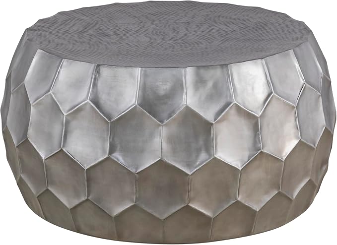 CT101 Modern Contemporary Round Aluminum Material 32" Coffee Table, Farmhouse Table with Glossy Diamond-Patterned Base Antique Silver