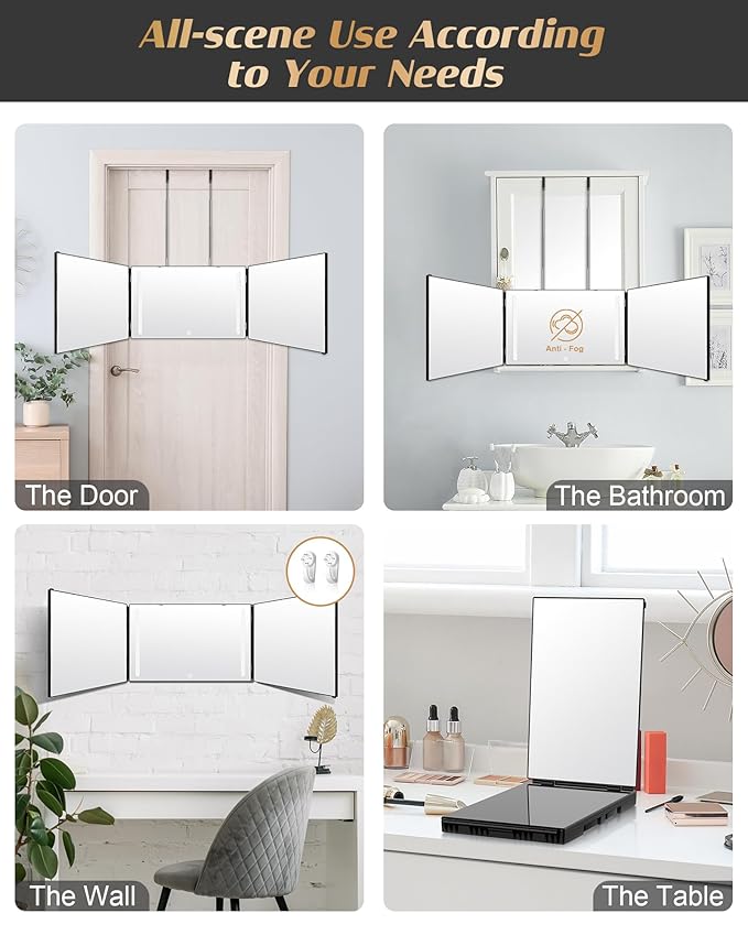 JUSRON 360 Viewing Angle Self Hair Cutting Mirror, Clear Anti-Fog HD Glass (Black with LED with Accessories)