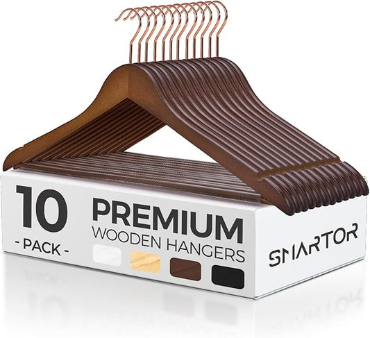 Smartor Wooden Hangers 10 Pack, Solid Wood Coat Hanger for Closet, Heavy Duty Wood Hangers for Suits, Shirts, Dresses, with 360° Rose Gold Hook, Non Slip Pant Bar, Walnut