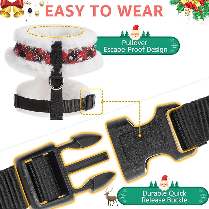 SCENEREAL Dog Christmas Harness Collar and Leash Set, Warm Fleece No Pull Puppy Vest Harnesses No Chock Adjustible Step in Small Pet Halter for Outdoor Walking Training, Black Red Plaid XS