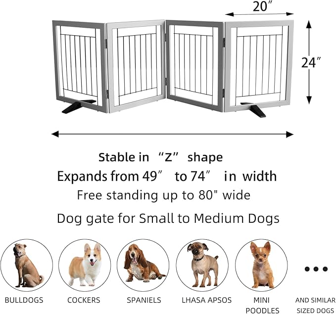 ZJSF Freestanding Dog Gate Indoor, Foldable Dog Fence for Doorways,Hallways or Stairs, Sturdy Wood Extra Wide Pet Gate with Support Feet,Grey,24 "Height-4 Panels