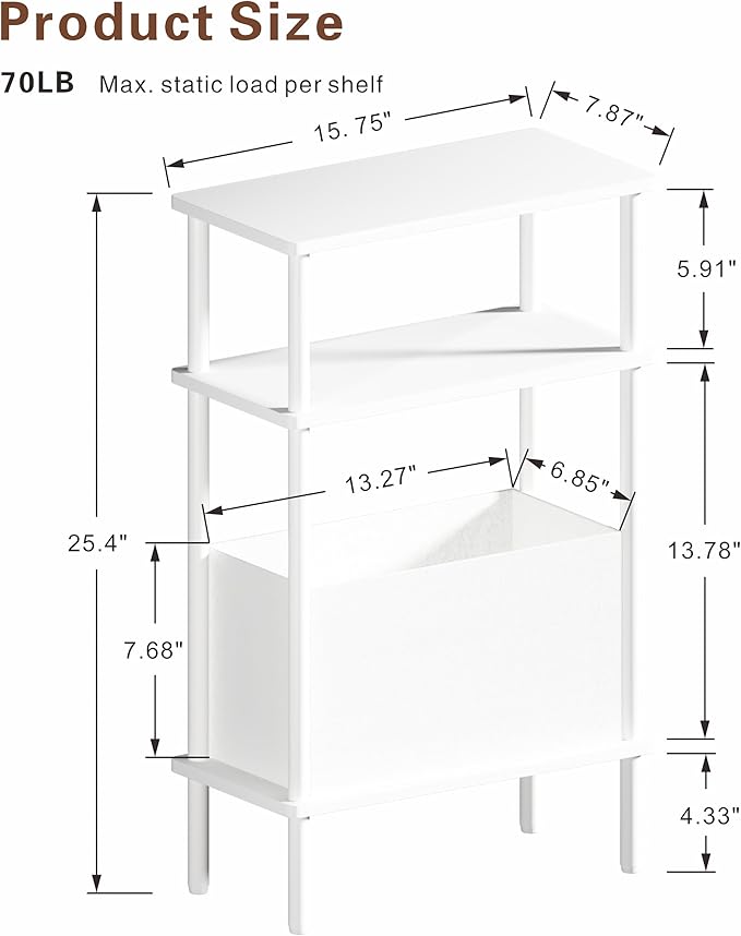 Narrow Side Table with Fabric Basket, Set of 2 End Table for Small Spaces, Slim Nightstand with 3-Tier Storage Shelf, Sofa Beside Table, for Living Room, Bed Room, Natrual White