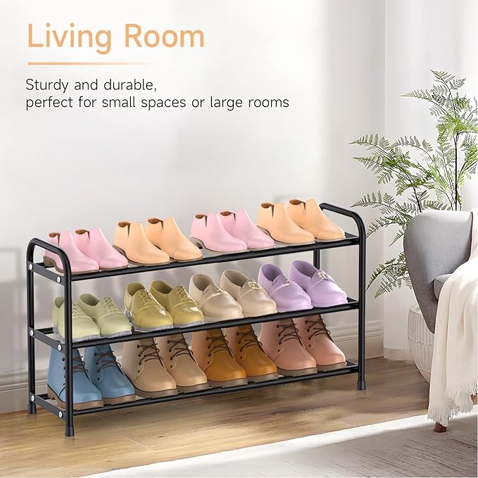 3 Tier Expandable Shoe Rack, Adjustable Shoe Shelf Storage Organizer, Black Shoe Organizer for Closet, Free Standing Shoe Rack for Entryway, Closet, Doorway, Garage