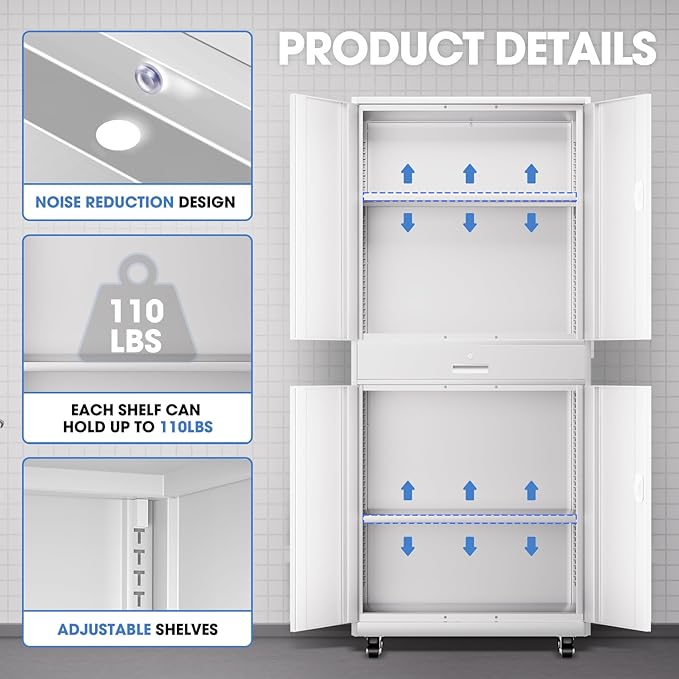 DNA Motoring 73'' Metal Storage Cabinet, Rolling Garage Cabinet with 1 Drawer and Adjustable Shelves, Lockable Heavy Duty Metal Locker for Garage,Office,Home,White, TOOLS-00630-WH-WH-A