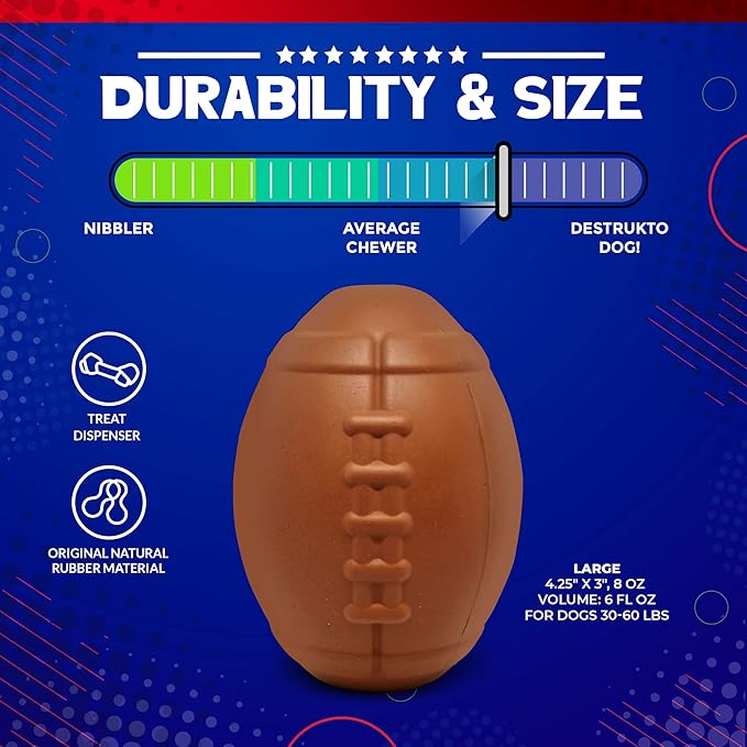 SodaPup MuttsKickButt Football – Durable Dog Treat Dispenser & Chew Toy Made in USA from Non-Toxic, Pet Safe, Food Safe Natural Rubber for Mental Stimulation, Problem Chewing, Calming Nerves & More