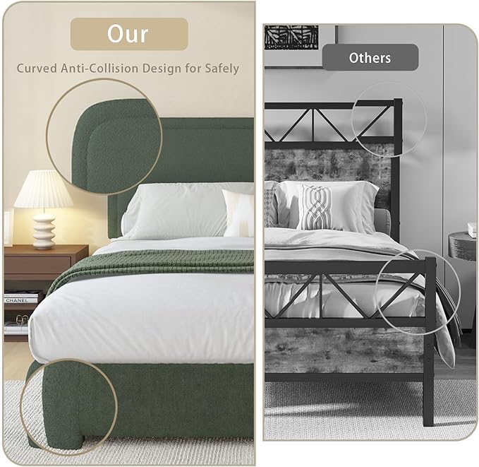 BarnFurin Twin Size Bed Frame, Boucle Upholstered Platform Bed Frame with Headboard, Modern Style, Soft Rounded Corners, No Box Spring Required, Easy Assembly, Green