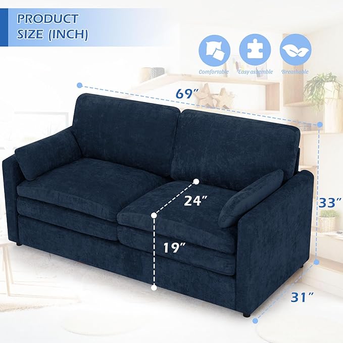 3 Pieces Chenille Sofa Set w/Arm Pillows, Upholstered Loveseat & 2 Pieces 3 Seater Sofa w/Comfortable Back Cushions, Modern 2-Seat & 3-Seat w/High-Density Foam for Living Room, Blue