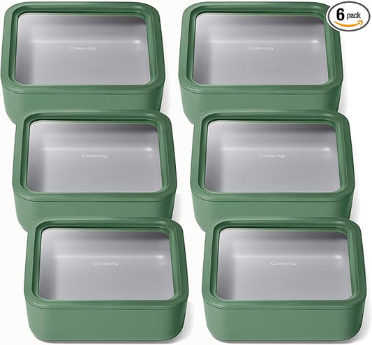 Caraway 6pc Glass Food Storage Set – 10 Cup Food Containers (6) - Ceramic Coated - Non Toxic, Non Stick with Lids - Microwave Safe - Sage