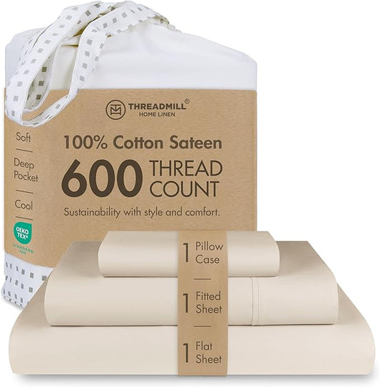 Threadmill 100% Cotton Sheets for Twin XL Size Bed - 600 Thread Count Twin XL Bed Sheets Set with 15” Deep Pocket - Sateen Weave 3-Piece Bedding Set with Cooling Effect, Beige