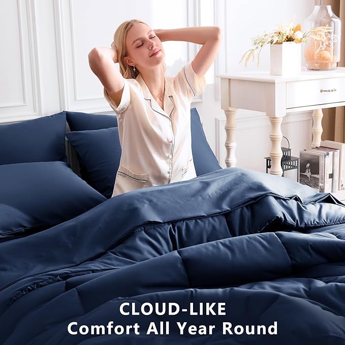 CozyLux Queen Comforter Set Navy Blue, 7 Pieces Bed in a Bag, Blue Comforter Queen Size, All Season Bedding Sets with Stitch Quilted Comforter, Flat Sheet, Fitted Sheet, Pillowcases