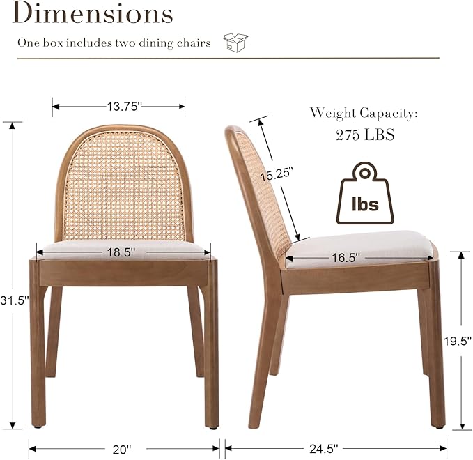 HEAH-YO Rattan Dining Chairs Set of 2, Upholstered Linen Dining Room Chairs with Backrests, Modern Kitchen Chairs with Wood Legs for Dining Room, Beige