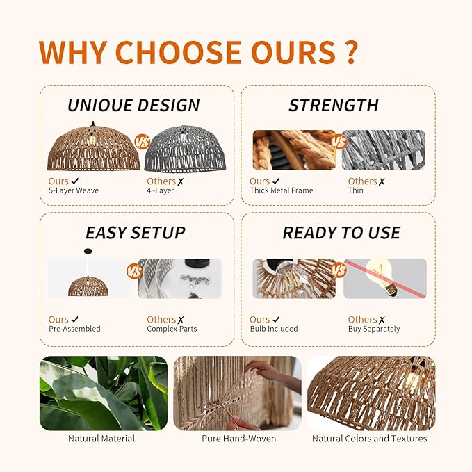 14''Natural Rattan Chandelier Small Rattan Pendant Light -Farmhouse Boho Hanging Light with Included E27 Bulb, 120V Wicker Chandelier for Dining Room Bedroom Living Room Island