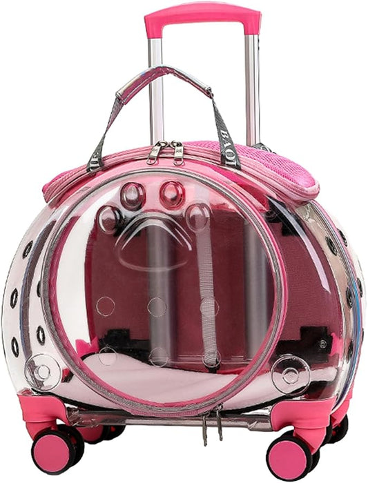Pet Trolley Case with Ventilation Holes, Pet Carrier,Pet Rolling Carrier,Clear Window Pet Trolley Case,Pet Strollers for Small Dogs,Cat Carrier with Silent Wheels Telescopic for Travel Pink