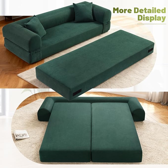 Convertible Futon Sofa Bed,80" Folding Pull Out Couch with Pillows & Storage Pocket, Oversized Queen Sleeper Sofa in a Box,Corduroy Boneless Couch for Living Room,Deep Green