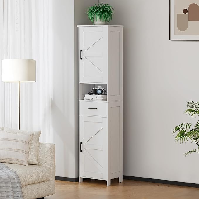 Homhedy 67" H Tall Bathroom Storage Cabinet with 2 Barn Doors and 1 Drawer, Narrow Storage Unit, Adjustable Shelves, Floor Cabinet for Bathroom, Living Room, Entryway, Kitchen, White, (15.7" W)