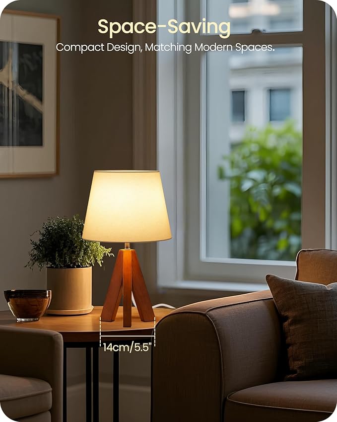 Small Tripod Table Lamps Set of 2, Modern Nightstand Lamp with Fabric Shade, Boho Bedside Wood Desk Light for Bedroom, Kids Room, Living Room, Office, Study, Dark Wood and White, LW51TLP205